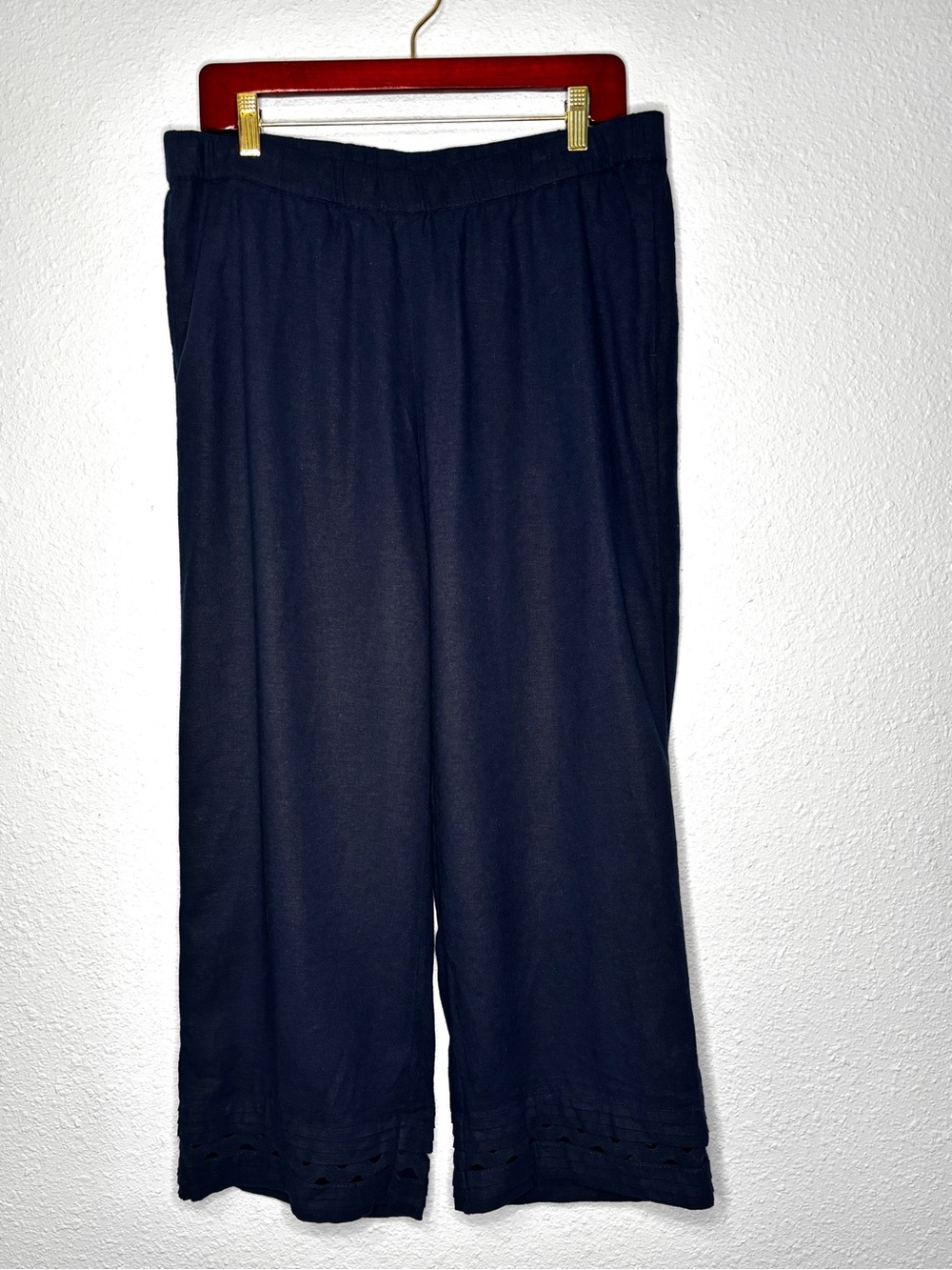 J. Jill NWT Stretch Linen Wide Leg Pull On Pants w/ Pintuck Ric Rac Cuffs Navy M